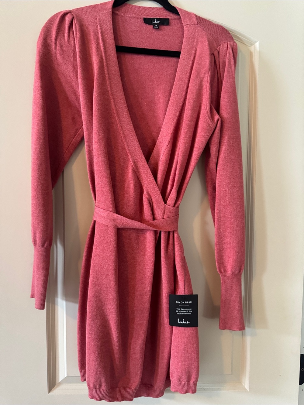 Lulu's Coral Pink Wrap Knit Dress with Tie Waist